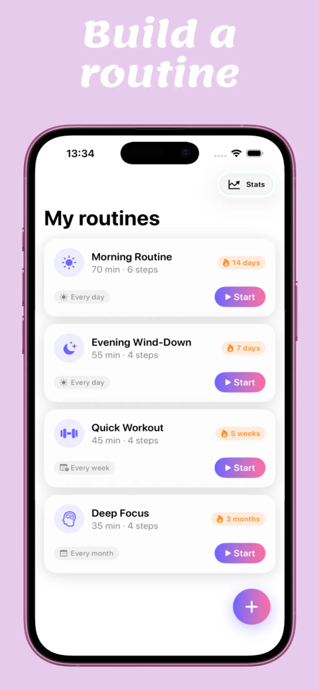 Days daily routine list with morning, evening, workout, and focus routines