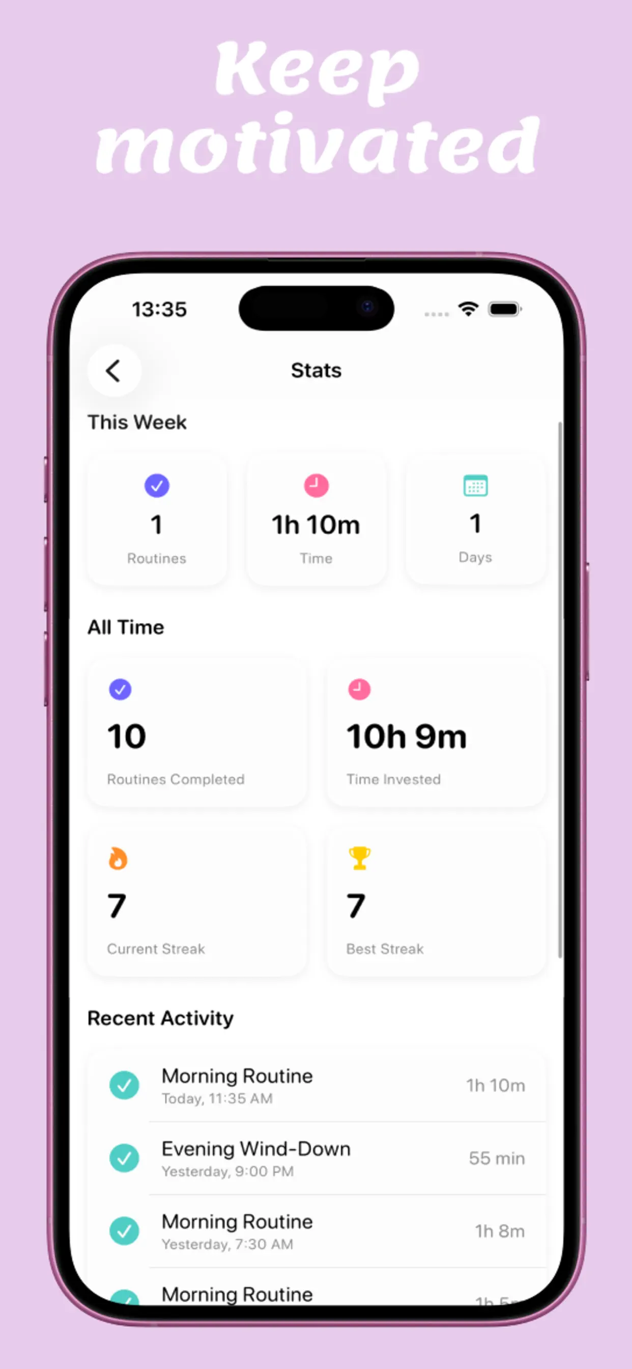 Routine completion stats and streaks in Days