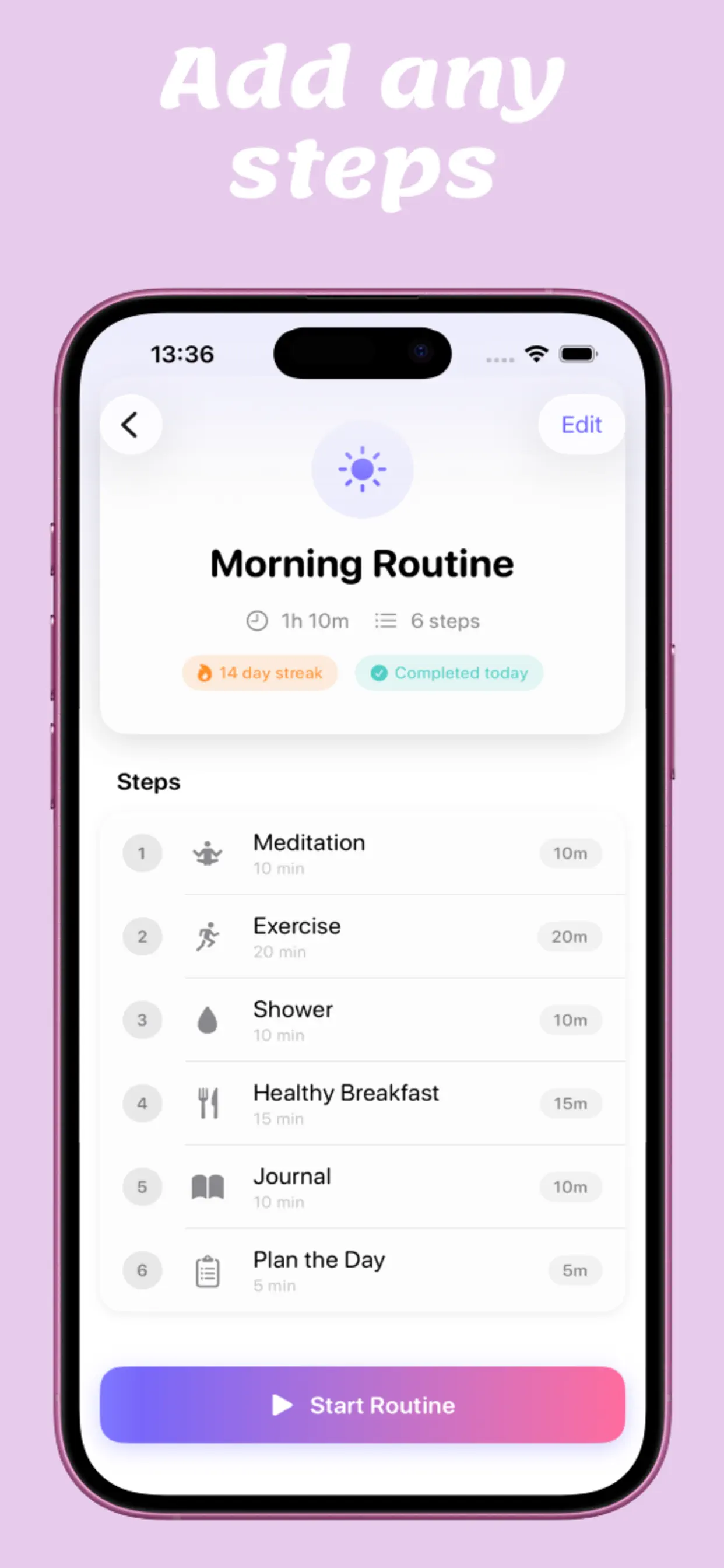 Morning routine steps and start button